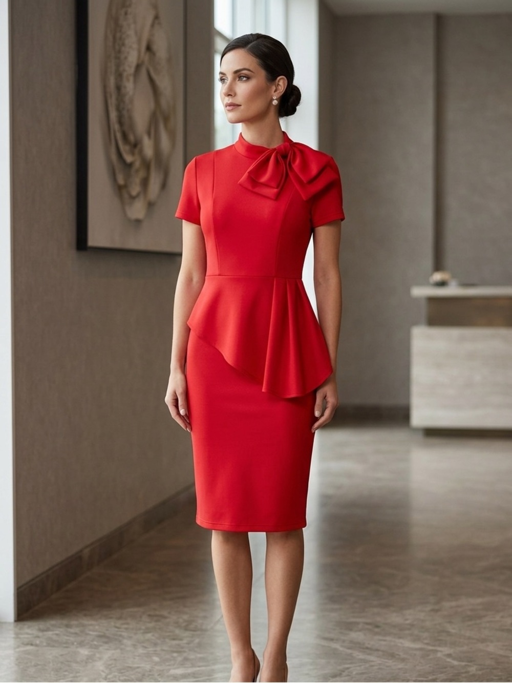 Elegant Red Bow-Peplum Sheath Dress - Women